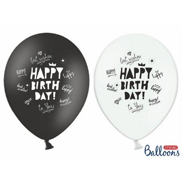 PD SB14P-259-000-6 - Luftballons 30cm - Pastell, Happy Birthday, schwarz-weiß, 6 Stk.