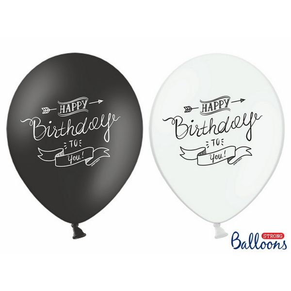 PD SB14P-258-000-6 - Luftballons 30cm - Pastell, Happy Birthday-Mix 2, schwarz-weiß, 6 Stk.