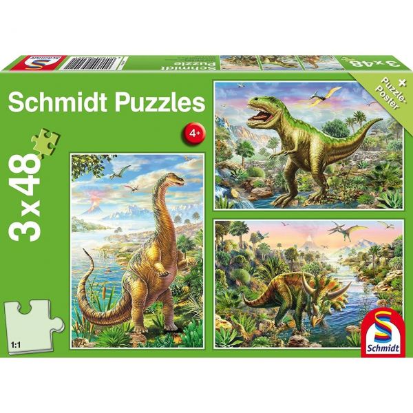 SCHMIDT 56202 - Puzzle - Abenteuer mit Dinosaurier, 3 x 48 Teile