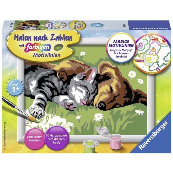 RAVENSBURGER 28015 - Malen nach Zahlen - Tiefer Schlaf Hund und Katze, Malset