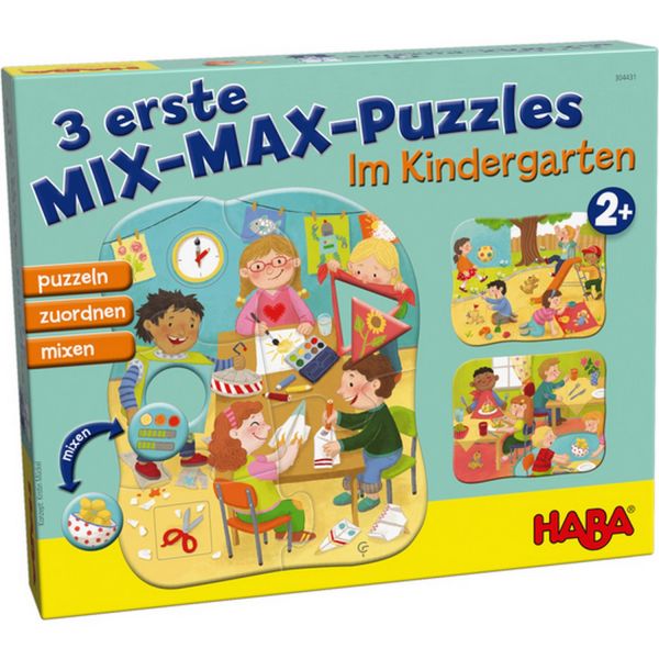 HABA 304431 - 3 erste Mix-Max-Puzzles - Im Kindergarten, 7, 8 &amp; 9 Teile