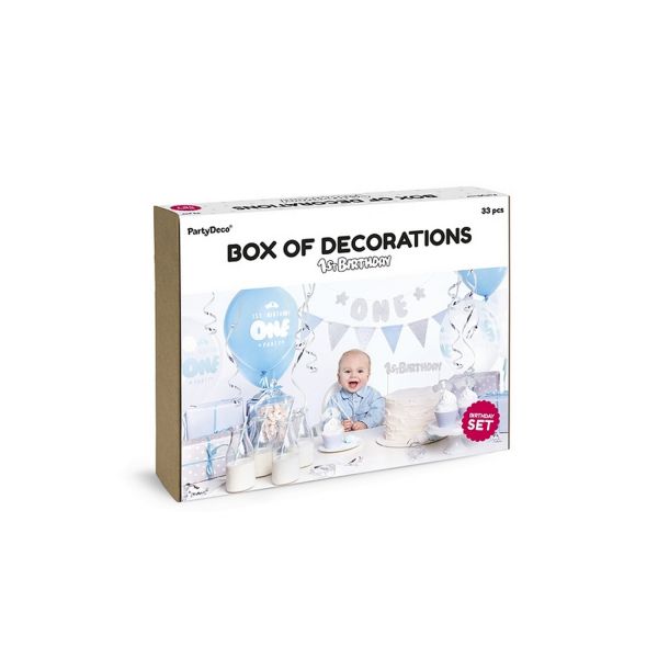 PD SET6-018 - Dekorations Box - 1. Geburtstags-Party, blau, 33 Teile