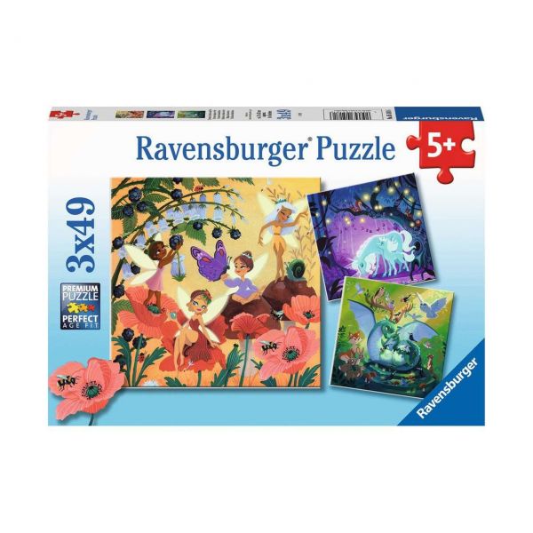 RAVENSBURGER 05181 - Puzzle - Einhorn, Drache und Fee, 3x49 Teile