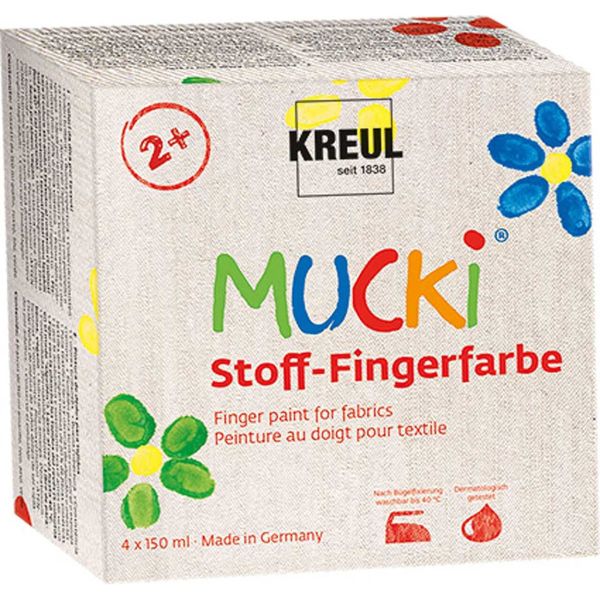 KREUL 28400 - Bastelartikel - Mucki Stoff-Fingerfarbe, 4 Dosen a 150ml
