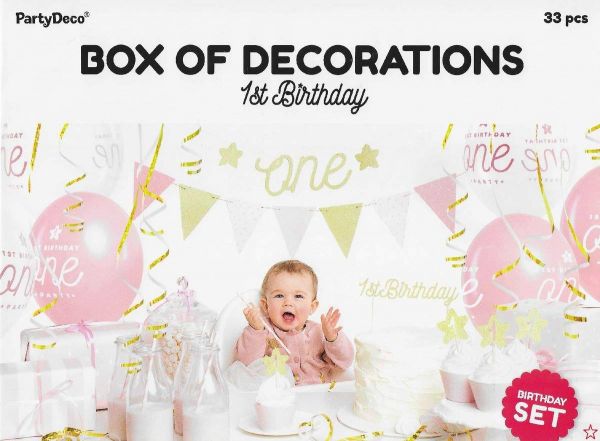 PD SET6-019 - Dekorations Box - 1st Birthday, rosa, 33 Teile