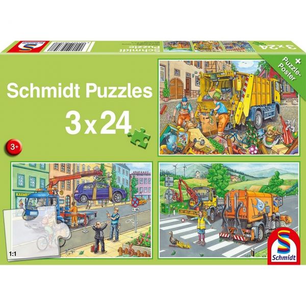 SCHMIDT 56357 - Puzzle - Müllwagen, Abschleppauto und Kehrmaschine, 3x24 Teile