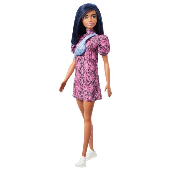 MATTEL GHW57 - Barbie - Fashionistas Puppe (blauhaarig) mit Schlangenmusterkleid
